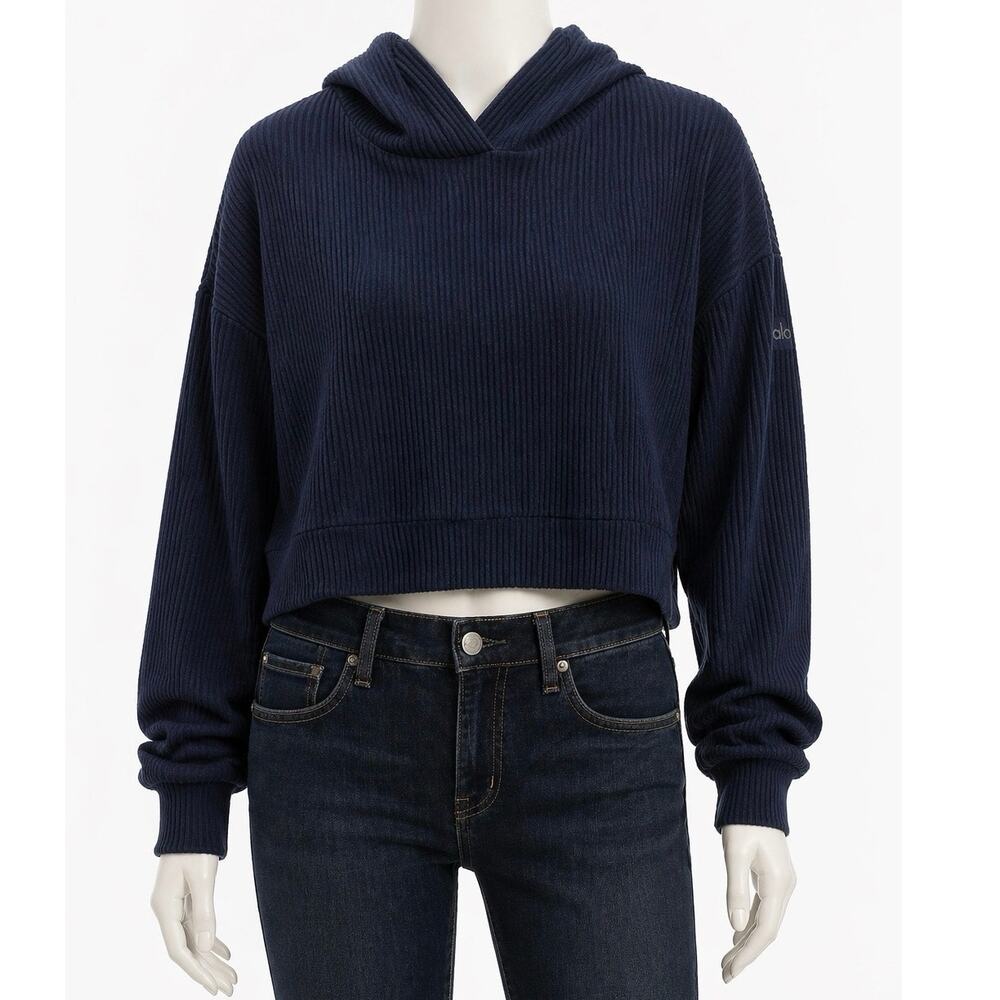 ALO Yoga Muse Hoodie Blue Ribbed Cropped Athleisure‎ Lounge Soft Girl Minimalist